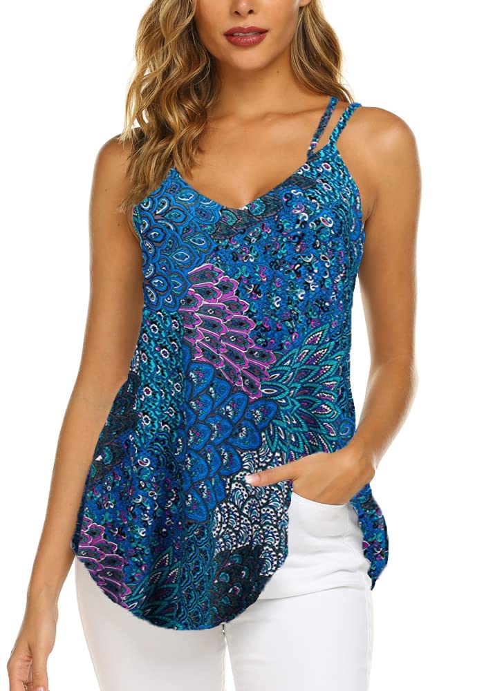 Supnier Women's Casual Spaghetti Strap Floral Tank Tops Summer Paisley Sleeveless Shirts Beach Wear Plus Size (Blue, XL) - Image 1